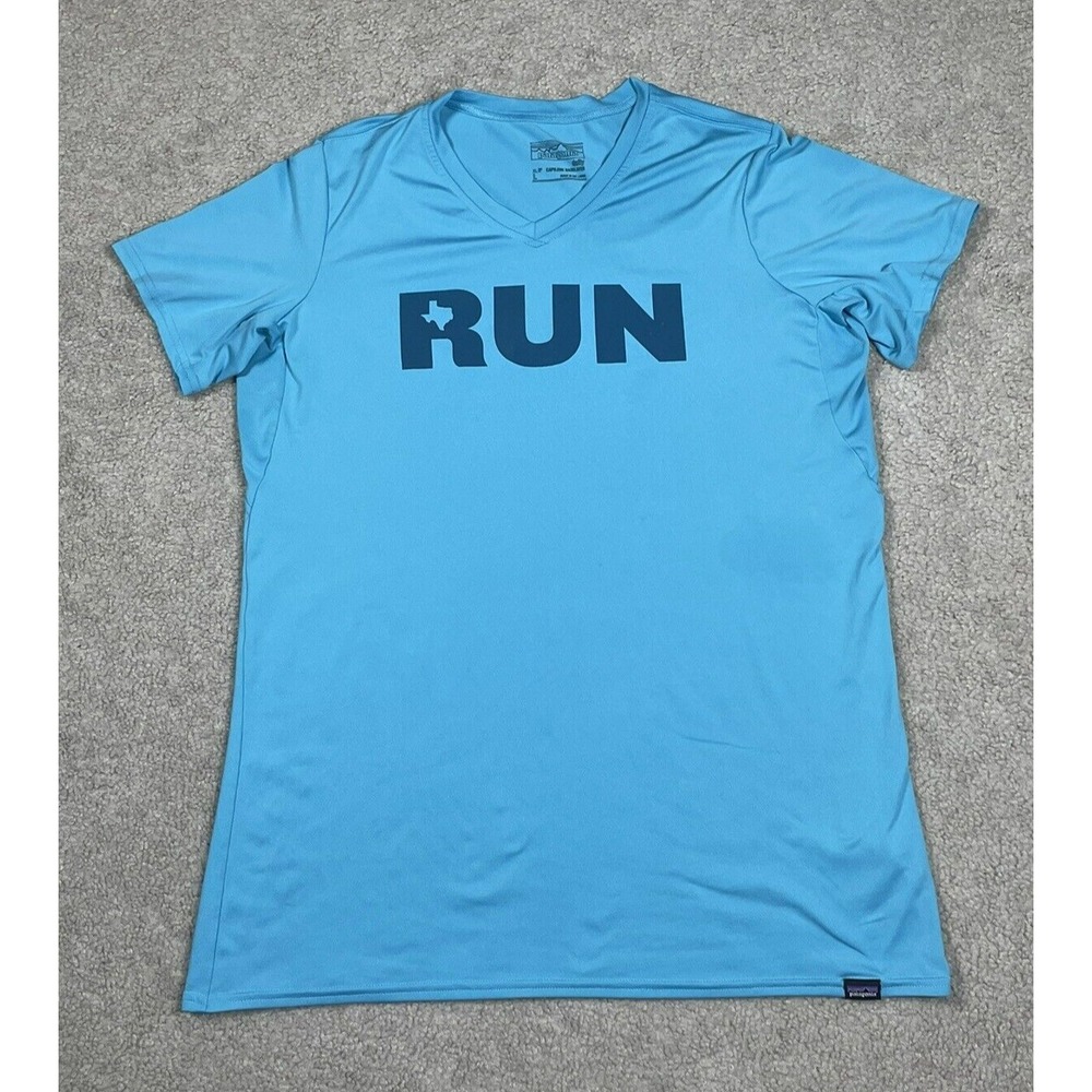 Patagonia Capilene Daily Baselayer Shirt Men Large Blue V-Neck Texas Run Graphic